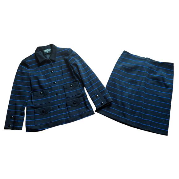 1990's Chanel Boutique Wool Black Blue Striped Jacket Skirt Set Lion Head Button - Picture 1 of 13